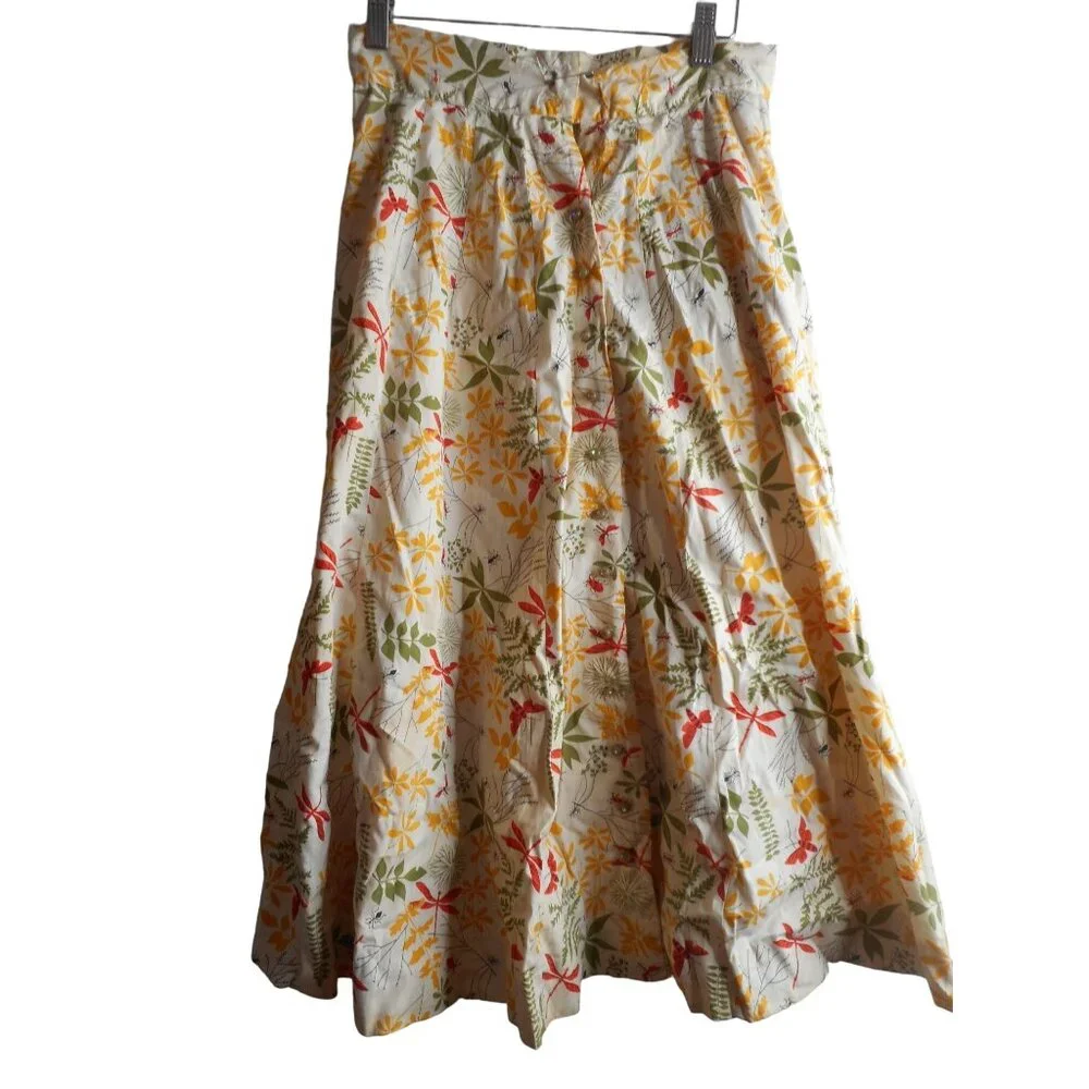Vintage Circle Skirt Sz S Handmade Floral dragonflies Ants button front Estate - Picture 1 of 9